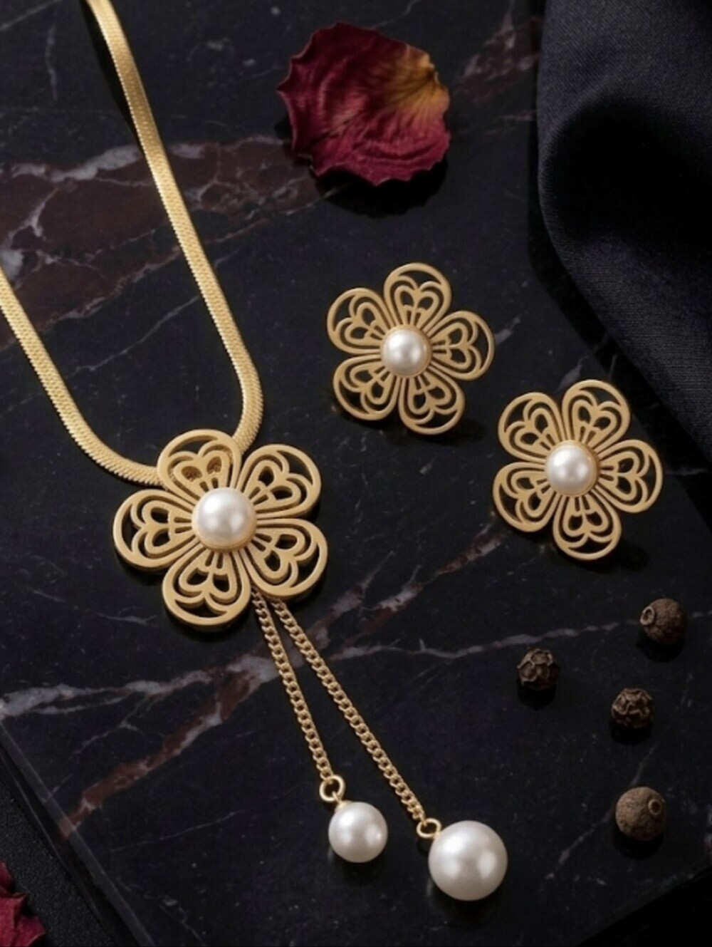 Pearl Necklace and Earrings Set Gold Floral Filigree Y Drop Cottagecore 18.3"